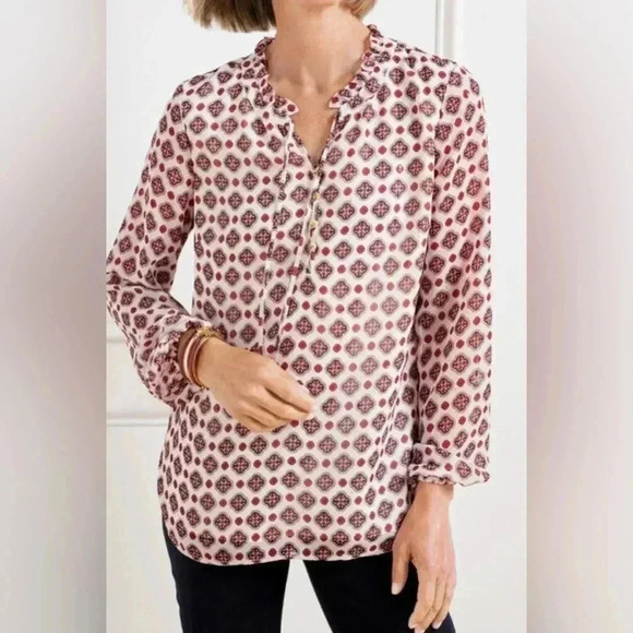 Talbots Medallion Print, lettuce ruffle v-neck tie, metallic threads, lined - Picture 1 of 9